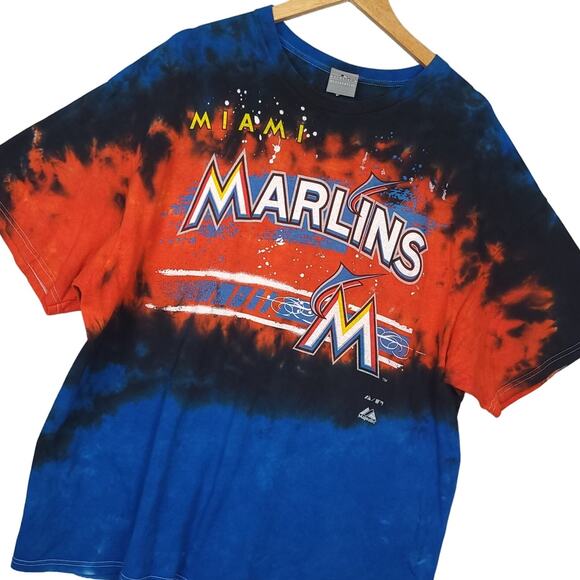 Miami Marlins Majestic MLB Men's Tie Dye T-Shirt Sz 2XL Baseball Blue Orange - Picture 1 of 9